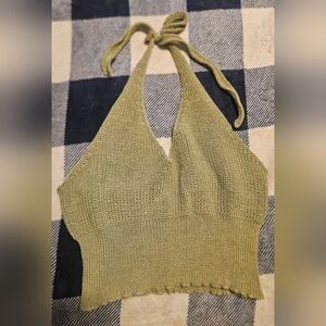 Shein Womens Cropped Green Deep V Neck Halter Top With Faux Buttons Size Large